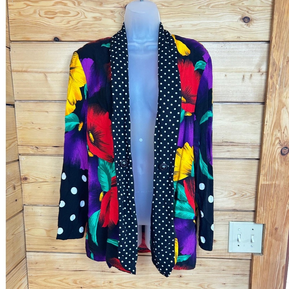 Nu-Mode‎ Vintage Floral Polka Dot Mixed Print Longline Blazer Black Red Yellow